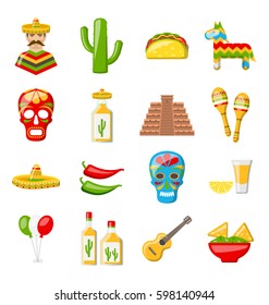 Illustration Set of Mexico Icons Isolated on White Background. Mexican Objects and Symbols - Vector