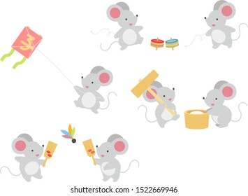 Illustration set of mice playing Japanese New Year (Kite flying, Top spinning, Feather butt, Mochi pounding)
There is a kanji written on the kite that means the mouse of the zodiac.