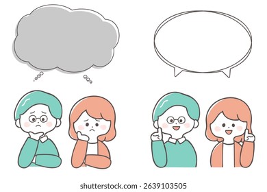 Illustration set of middle-aged men and women when they are worried and when they have solved their problems