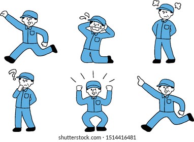 Illustration set of middle-aged men in work clothes (simple)