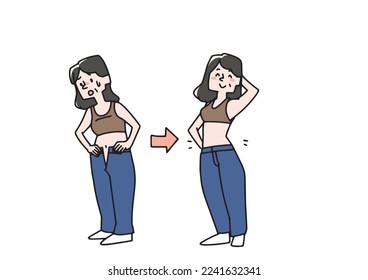  An illustration set of a middle-aged woman who is fat and can't fit in her pants, and a woman who has successfully dieted