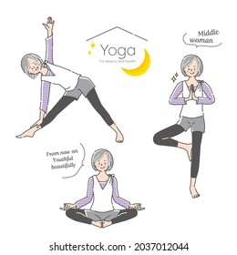 Illustration set of middle-aged women doing yoga