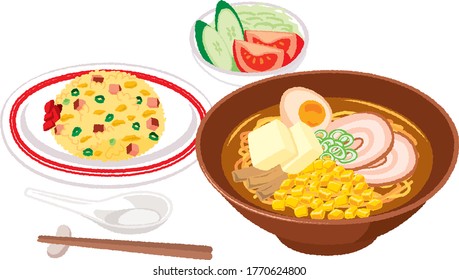 Illustration of set of miso ramen and fried rice