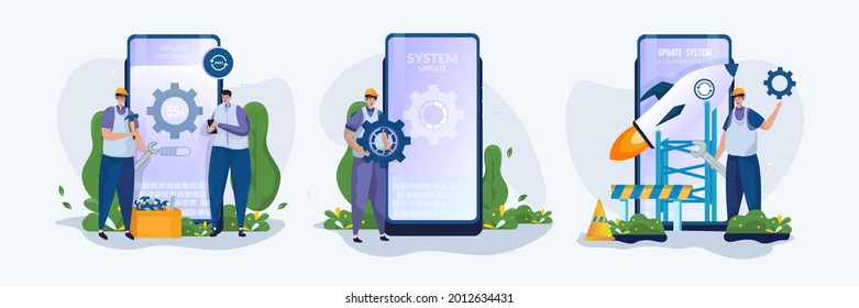 Illustration set of mobile software upgrade under technician maintenance concept