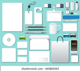  Illustration Of A Set Mock-Up Of Design Templates For Business. Corporate identity templates:blank, business cards, disk, envelope, smart phone, pen, badge, cup, brand-book with soft shadows.