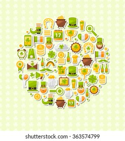Illustration Set of Modern Flat Design Icons for Saint Patrick's Day, Symbols of Patrick's Day Arranged in Form of Circle - Vector 