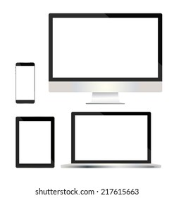  illustration set of modern technology devices - computer monitor, laptop, digital tablet and mobile phone with blank screen. 