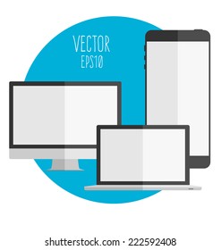 illustration set of modern technology devices - computer monitor, laptop and mobile phone with blank screen.