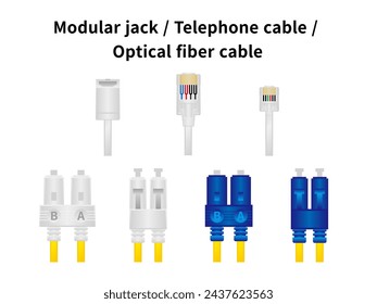 It is an illustration set of modular jack, telephone cable, optical fiber cable.