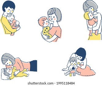 Illustration set of mom and baby