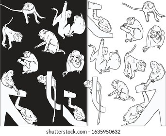 ilustración con conjunto de monos aislados en fondo blanco y negro
