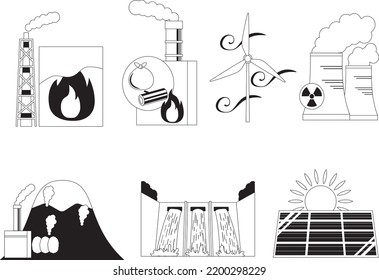 Illustration set of monochrome color power plant