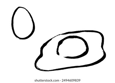 Illustration set of monochrome line drawing of egg and fried egg with brush touch