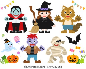 Illustration set of monsters and decoration for Halloween