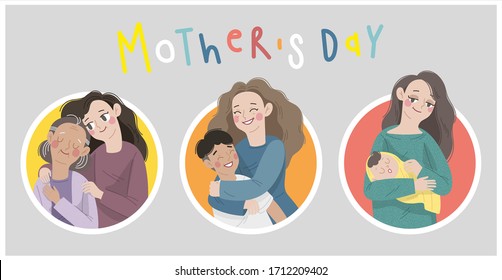 illustration set of mother and child character. Mother's day concept flat vector bundles. Young woman hug her old mother with love, mother and son love as family, young mother hold her baby.