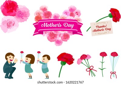 Illustration set for Mother's Day. A child handing flowers to her mother in a suit.