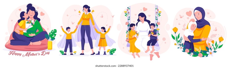 Illustration Set of Mother's Day.  Mother, Daughter, and Son. Mother Holding Baby In Arms. Mother hugging her daughter. Vector illustration