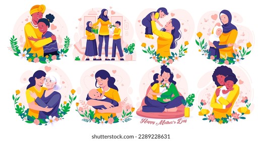 Illustration Set of Mother's Day.  Mother, Daughter, and Son. Mother Holding Baby In Arms. Mother hugging her daughter. Vector illustration