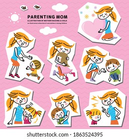 Illustration set of mothers raising children.