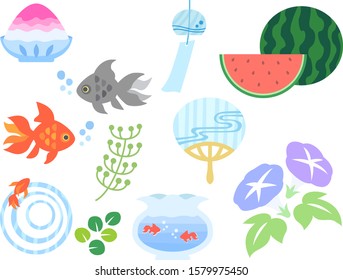 Illustration set of motifs that relieve the summer heat in Japan (simple)