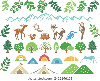 Illustrationsset für Bergcamping- und Waldtiere