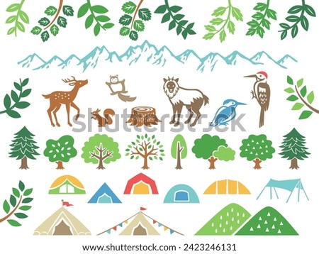 Illustration set of mountain camping and forest animals