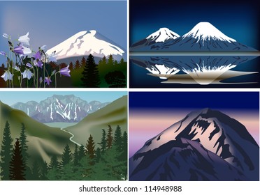 ilustración con conjunto de composiciones montañosas