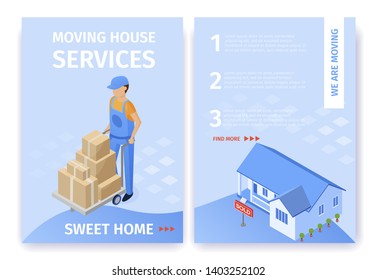 Illustration Set Moving House Services Sweet Home. Scope Transport Company to Provide Handymen for Implementation Various Loading and Unloading Operations for Move from Home. Landing Page.