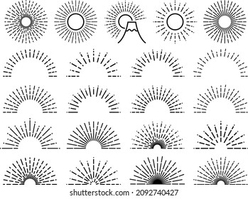 Illustration set of Mt. Fuji's first sunrise, the sun, and various semicircular lines of light