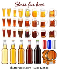 Illustration set of mugs, bottles and cans with light and dark beer 