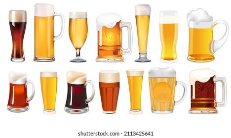 Illustration set of mugs and glasses with light and dark beer isolated on white 