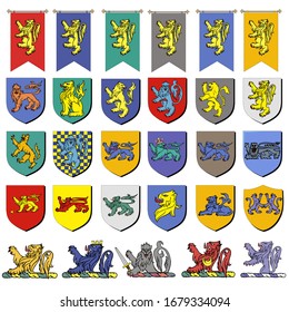 Illustration set of multicolored vintage heraldic emblems with lions flags and shields.