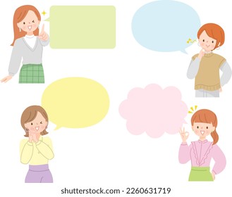 Illustration set of multiple young women with speech bubbles
