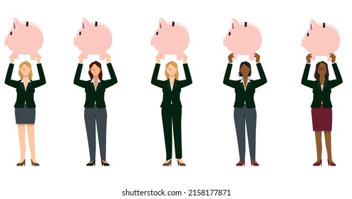 Illustration set of multiracial female businessmen with piggy banks. 8 life, white, black, Asian, infographics