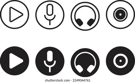 illustration of a set of Music icons on a white background.  Music, sound, and audio icon set. microphone, audio player, video player, headphones, disk, earphones.