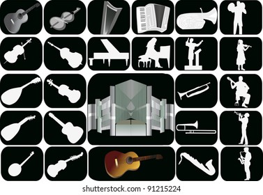 illustration with set of music instruments isolated on black background