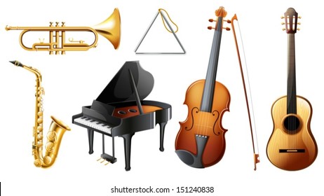 Illustration of the set of musical instruments on a white background