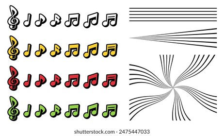 Conjunto de ilustraciones de notas musicales y pentagramas musicales.