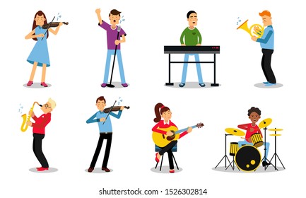 Illustration Set With Musicians Playing Different Instruments Isolated On White Backround