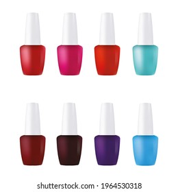 Illustration set nail polish different colors    red  pink  orange  mint  terracotta  brown  purple  blue  Gradient mesh style  Can be used in web design  checklist  manuals  printing 