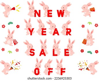 Illustration set of new year sale text with rabbit characters