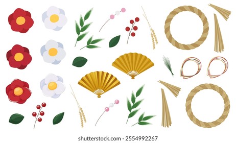 Illustration set of New Year's decorations such as shimenawa_camellia