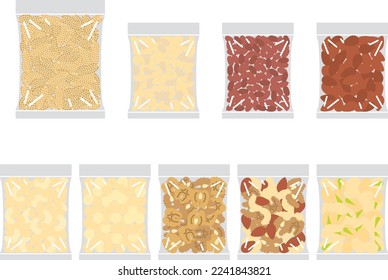Illustration set of nuts in various bags