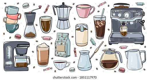 Illustration set of objects on the theme of coffee, its preparation and enjoyment of a drink. Isolated objects on a white background. Doodle style.