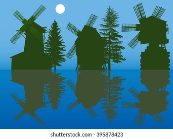 illustration with set of obsolete windmills silhouettes on blue background