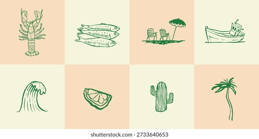 Conjunto de ilustración océano playa Vector de vida