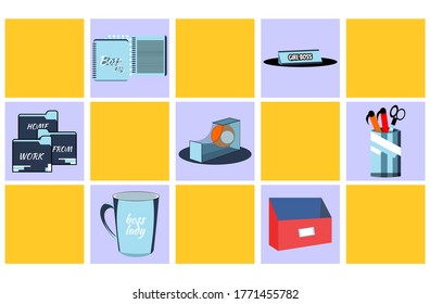 Illustration of a set of office equipment arranged in a box. Flat illustration. Vector illustration of office work. Can be used for wall pictures or stickers. Ready to print.
