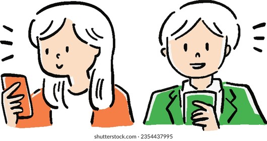  Illustration set of office lady and businessman looking at smartphone bust up