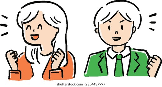 Illustration set of office lady and businessman doing light guts pose bust up