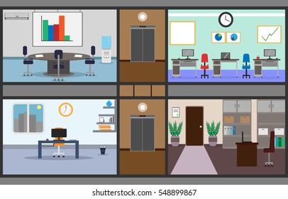 illustration of a set of offices and a hall for conferences was in one image in a building with a corridor and elevator, with furniture, appliances and other office objects